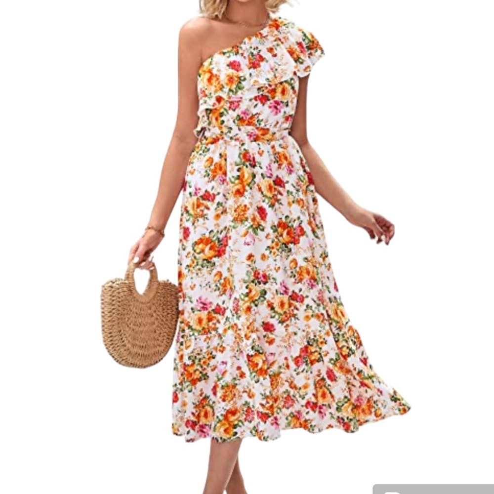 One Shoulder Colourful Midi Dress Layered Ruffle Floral Print Size XL